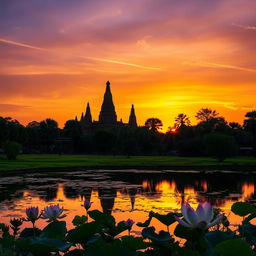 A beautiful sunset scene over the ancient ruins of Ayutthaya, Thailand
