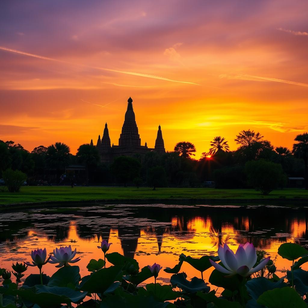 A beautiful sunset scene over the ancient ruins of Ayutthaya, Thailand