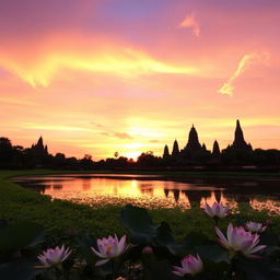 A beautiful sunset scene over the ancient ruins of Ayutthaya, Thailand