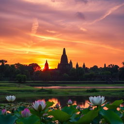 A beautiful sunset scene over the ancient ruins of Ayutthaya, Thailand