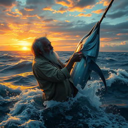 A dramatic scene depicting an old fisherman, Santiago, battling a giant marlin in a vast ocean