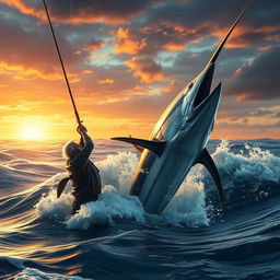 A dramatic scene depicting an old fisherman, Santiago, battling a giant marlin in a vast ocean