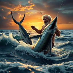 A dramatic scene depicting an old fisherman, Santiago, battling a giant marlin in a vast ocean