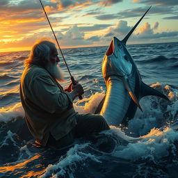 A dramatic scene depicting an old fisherman, Santiago, battling a giant marlin in a vast ocean