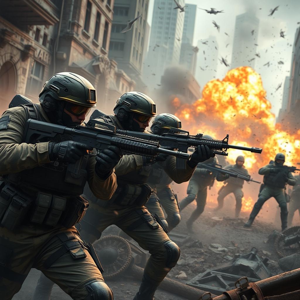 A highly detailed and dynamic scene depicting a squad of elite soldiers in a dense urban warfare environment, inspired by the Call of Duty video game series