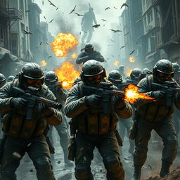 A highly detailed and dynamic scene depicting a squad of elite soldiers in a dense urban warfare environment, inspired by the Call of Duty video game series