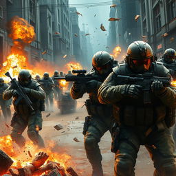 A highly detailed and dynamic scene depicting a squad of elite soldiers in a dense urban warfare environment, inspired by the Call of Duty video game series