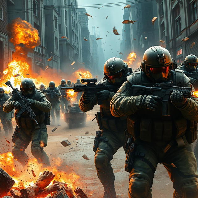 A highly detailed and dynamic scene depicting a squad of elite soldiers in a dense urban warfare environment, inspired by the Call of Duty video game series