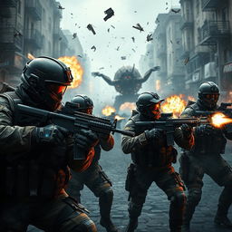 A highly detailed and dynamic scene depicting a squad of elite soldiers in a dense urban warfare environment, inspired by the Call of Duty video game series