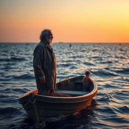 A solitary figure of an older fisherman named Santiago, standing on his small, weather-beaten boat in the vast, serene ocean at sunrise
