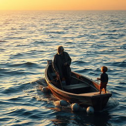 A solitary figure of an older fisherman named Santiago, standing on his small, weather-beaten boat in the vast, serene ocean at sunrise