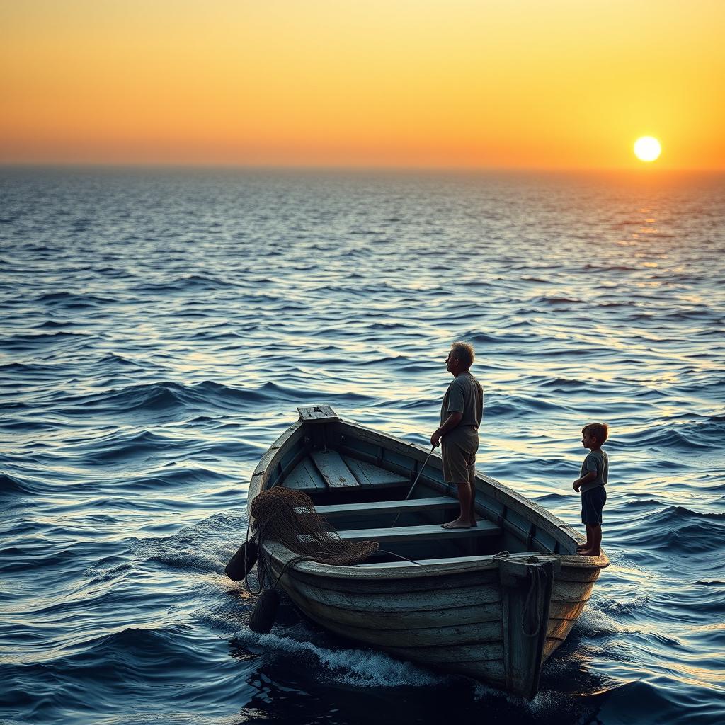 A solitary figure of an older fisherman named Santiago, standing on his small, weather-beaten boat in the vast, serene ocean at sunrise