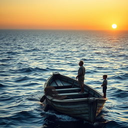 A solitary figure of an older fisherman named Santiago, standing on his small, weather-beaten boat in the vast, serene ocean at sunrise