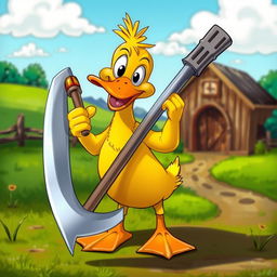 A whimsical scene featuring a cartoon duck confidently holding a large, gleaming scythe