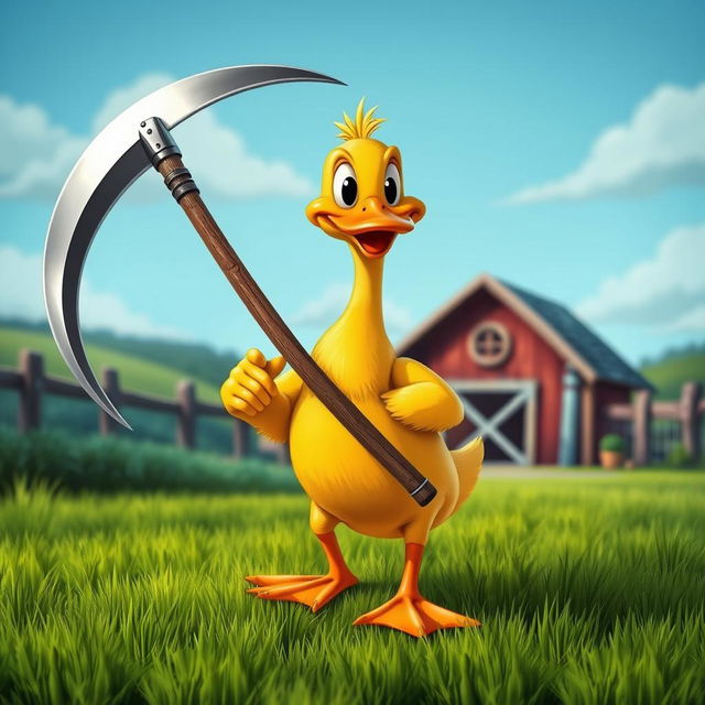 A whimsical scene featuring a cartoon duck confidently holding a large, gleaming scythe