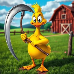 A whimsical scene featuring a cartoon duck confidently holding a large, gleaming scythe