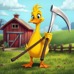 A whimsical scene featuring a cartoon duck confidently holding a large, gleaming scythe