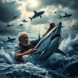 A dramatic scene depicting an elderly fisherman battling against powerful sharks in a vast ocean