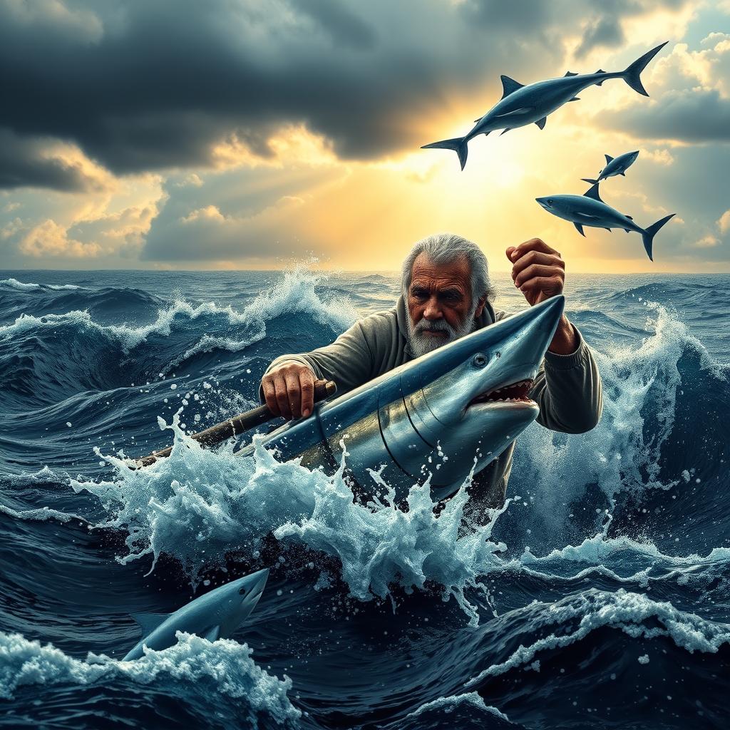 A dramatic scene depicting an elderly fisherman battling against powerful sharks in a vast ocean