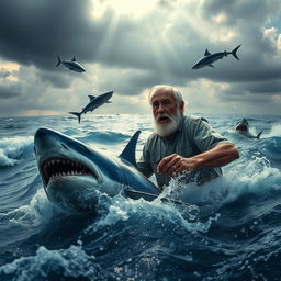 A dramatic scene depicting an elderly fisherman battling against powerful sharks in a vast ocean