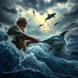A dramatic scene depicting an elderly fisherman battling against powerful sharks in a vast ocean