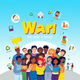 A vibrant and eye-catching poster design for an awareness campaign, featuring a diverse group of people from various backgrounds engaged in a community activity