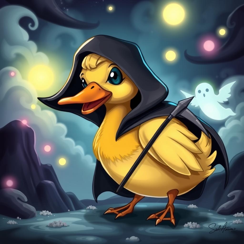 A whimsical and imaginative depiction of a 'soul reaper duck', featuring a cartoonish duck with a playful yet menacing expression, wearing a dark cloak and holding a small scythe