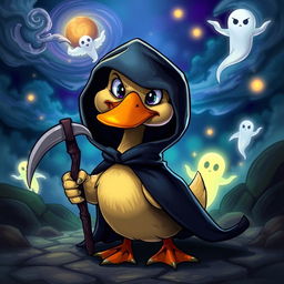 A whimsical and imaginative depiction of a 'soul reaper duck', featuring a cartoonish duck with a playful yet menacing expression, wearing a dark cloak and holding a small scythe