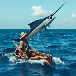 A tranquil seascape featuring an elderly fisherman named Santiago standing in a small wooden boat on the open sea