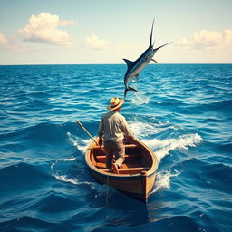 A tranquil seascape featuring an elderly fisherman named Santiago standing in a small wooden boat on the open sea