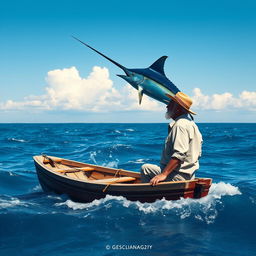 A tranquil seascape featuring an elderly fisherman named Santiago standing in a small wooden boat on the open sea