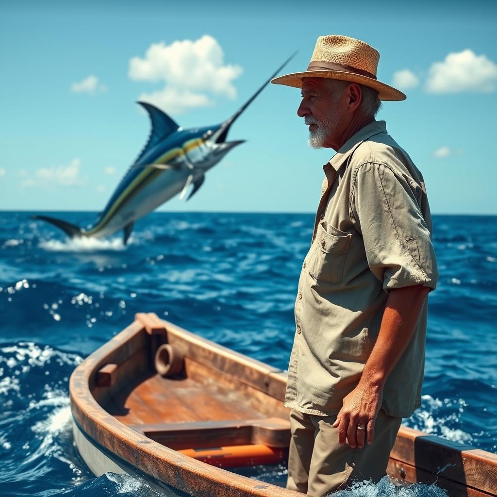 A tranquil seascape featuring an elderly fisherman named Santiago standing in a small wooden boat on the open sea