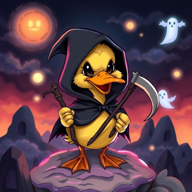 A whimsical and imaginative depiction of a 'soul reaper duck', featuring a cartoonish duck with a playful yet menacing expression, wearing a dark cloak and holding a small scythe