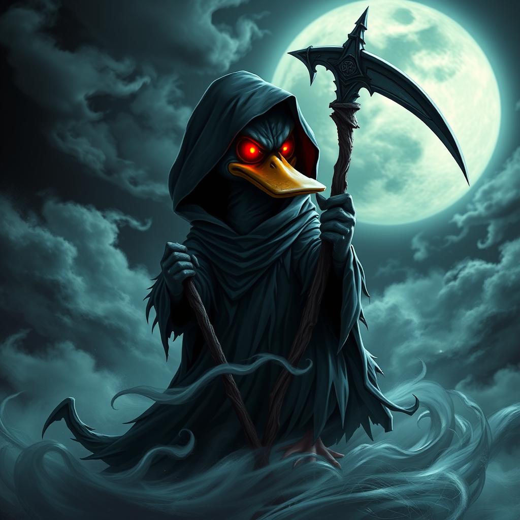 A terrifying yet captivating depiction of a soul reaper duck, featuring a menacing duck with glowing red eyes and dark, tattered robes