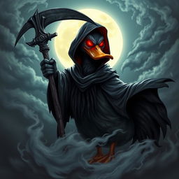 A terrifying yet captivating depiction of a soul reaper duck, featuring a menacing duck with glowing red eyes and dark, tattered robes