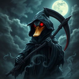 A terrifying yet captivating depiction of a soul reaper duck, featuring a menacing duck with glowing red eyes and dark, tattered robes