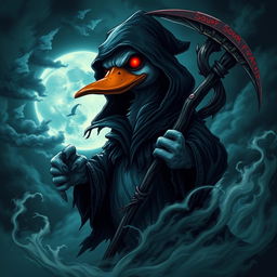 A terrifying yet captivating depiction of a soul reaper duck, featuring a menacing duck with glowing red eyes and dark, tattered robes