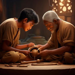 Create a Disney Pixar style movie poster featuring a father tenderly teaching his young son how to carve a tamtam. The image is full of emotion, care, and cultural traditions being passed down.