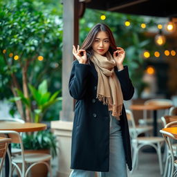 A stylish individual posing in an outdoor cafe, wearing an elegant black coat over a light-colored outfit