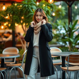 A stylish individual posing in an outdoor cafe, wearing an elegant black coat over a light-colored outfit