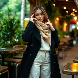 A stylish individual posing in an outdoor cafe, wearing an elegant black coat over a light-colored outfit