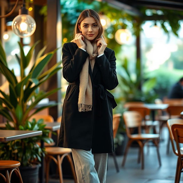 A stylish individual posing in an outdoor cafe, wearing an elegant black coat over a light-colored outfit
