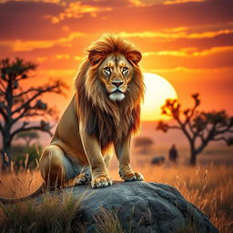 A majestic lion basking in the golden light of sunset in the African savanna, with its mane flowing in the gentle breeze