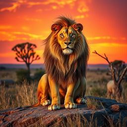 A majestic lion basking in the golden light of sunset in the African savanna, with its mane flowing in the gentle breeze