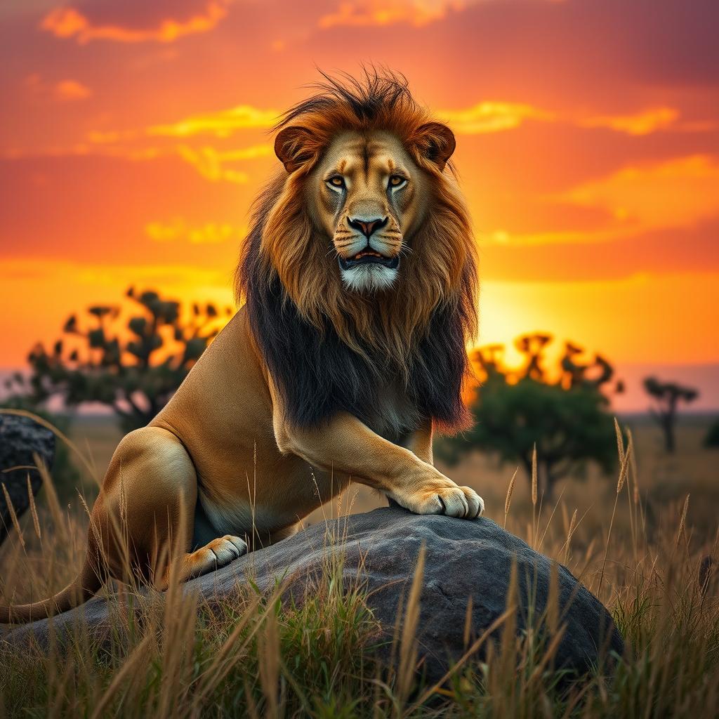 A majestic lion basking in the golden light of sunset in the African savanna, with its mane flowing in the gentle breeze