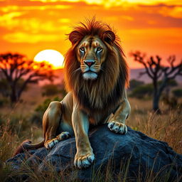 A majestic lion basking in the golden light of sunset in the African savanna, with its mane flowing in the gentle breeze