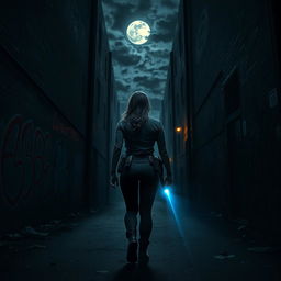 A tense scene showing the rear view of a policewoman walking alone into a dark alley on a horror-themed night