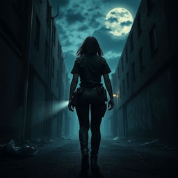 A tense scene showing the rear view of a policewoman walking alone into a dark alley on a horror-themed night