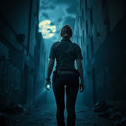 A tense scene showing the rear view of a policewoman walking alone into a dark alley on a horror-themed night