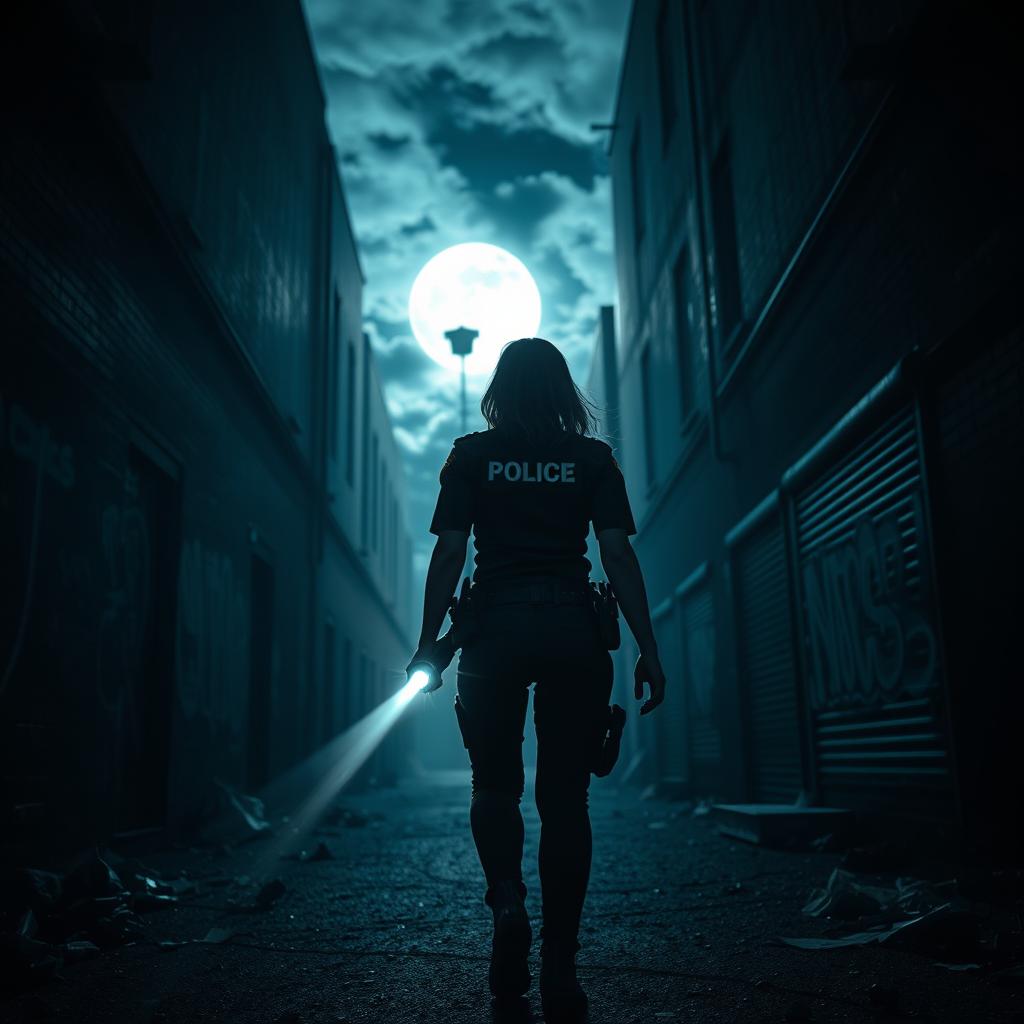 A tense scene showing the rear view of a policewoman walking alone into a dark alley on a horror-themed night